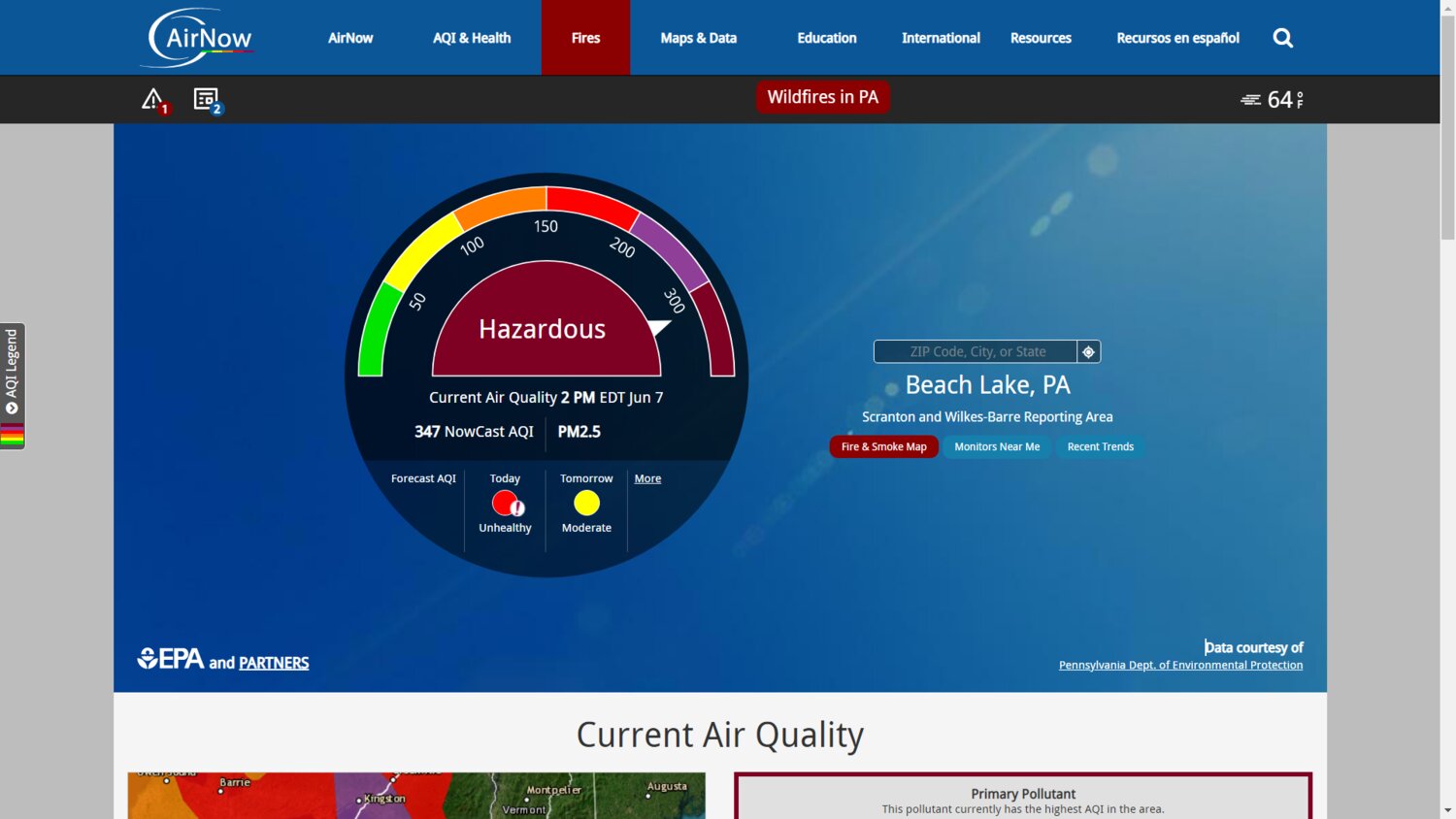 AirNow.gov is a handy online tool to measure the Air Quality Index in a specific zipcode.
